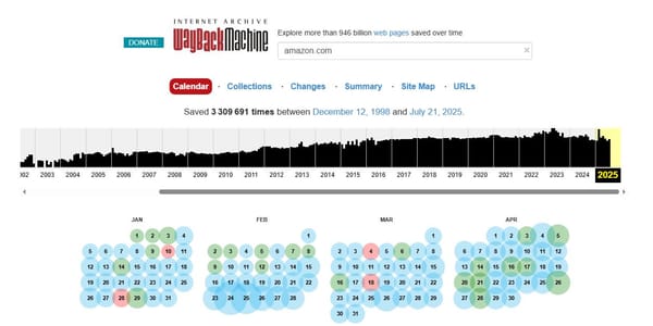Analyse de amazon sur la wayback machine